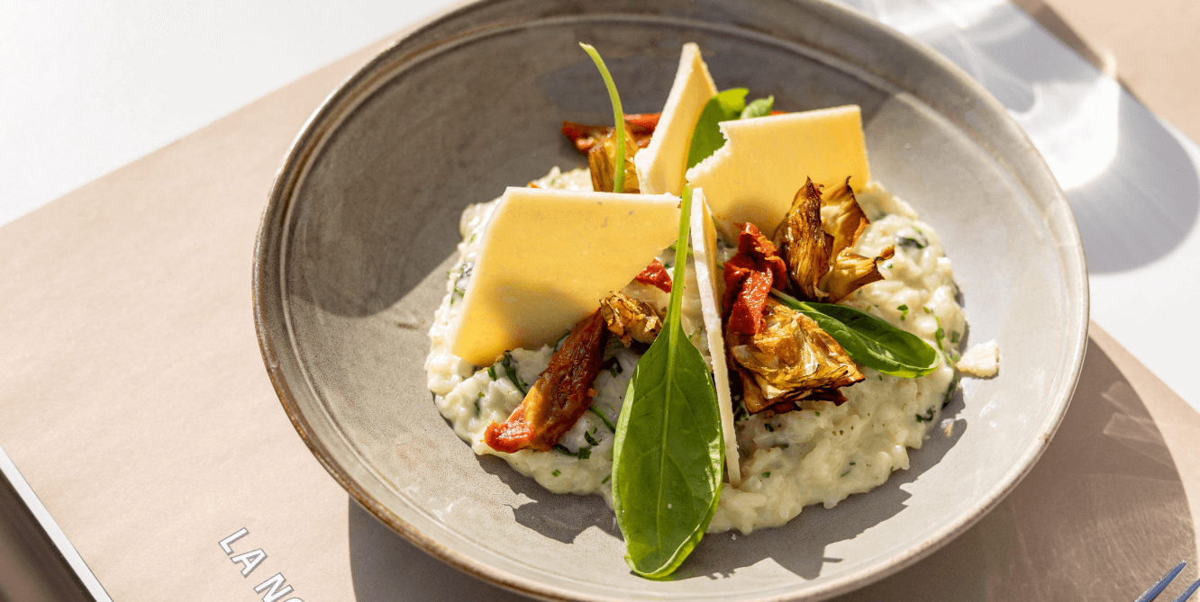 Artichokes & spinach risotto à ‘la Romana’ - La Note Bleue | Beachside Dining Delivery in Monaco