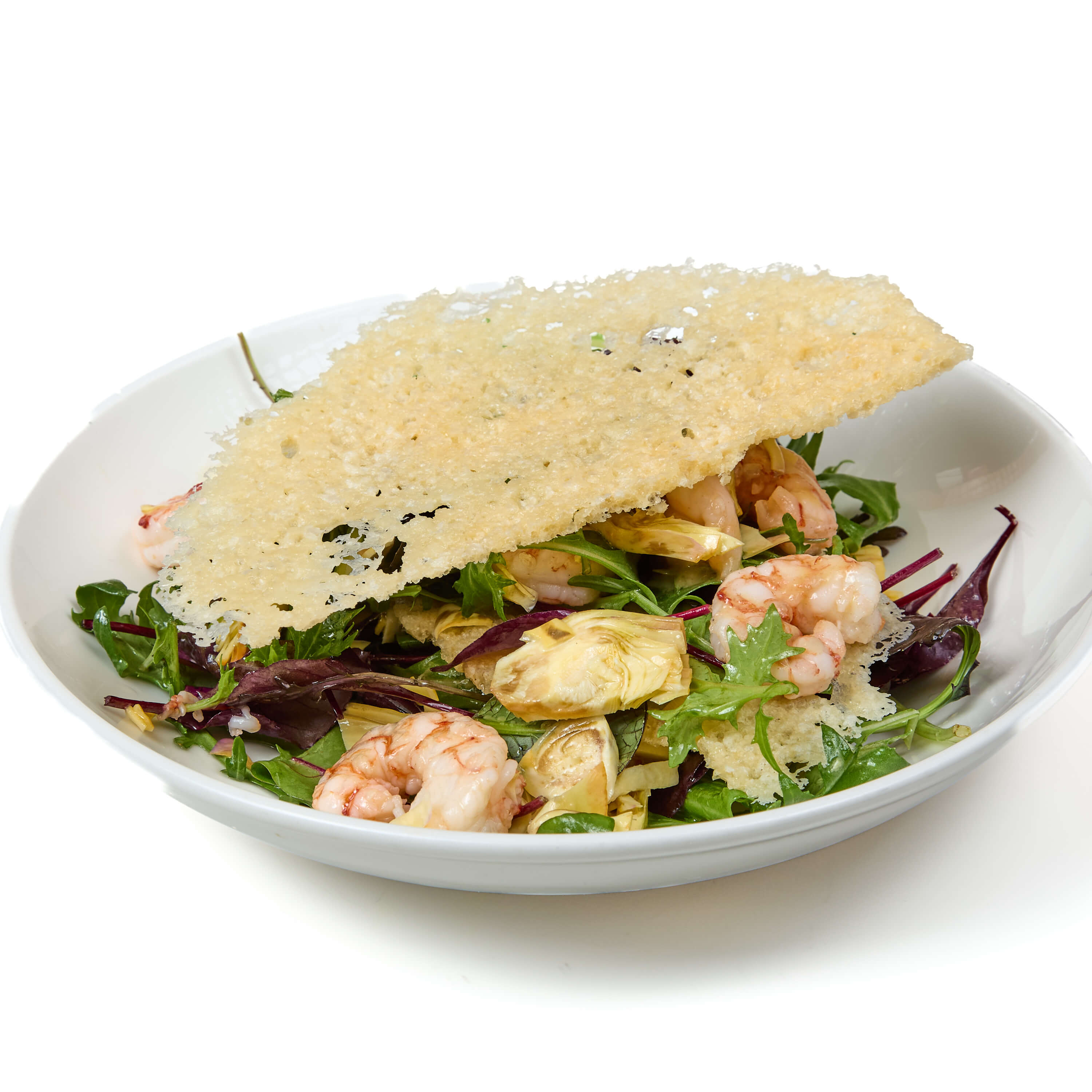 Crispy Parmesan Millefeuille with Shrimp and Artichoke - La Saliere | Italian & Mediterranean Food Delivery in Monaco, Cap-d'Ail