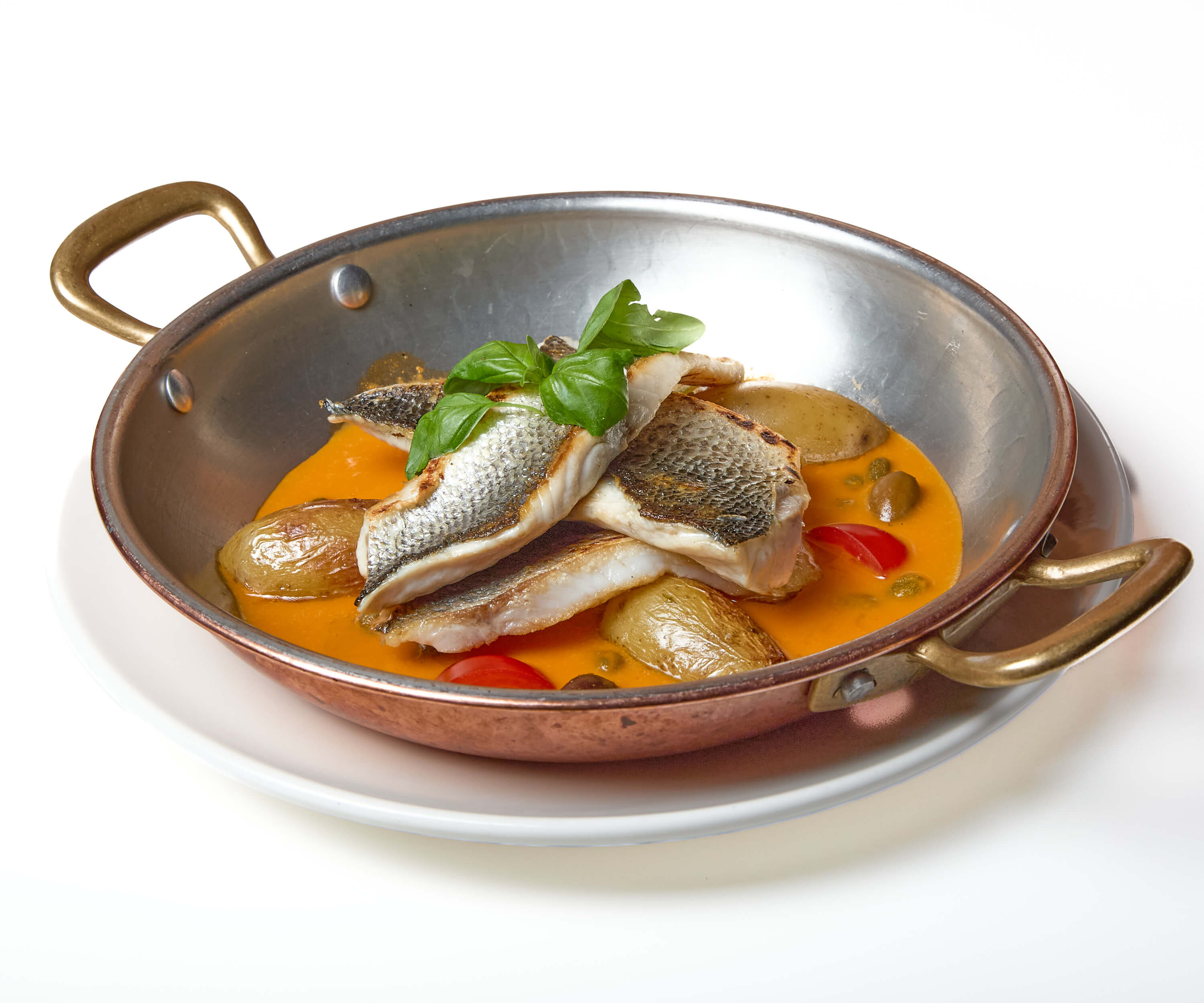 Fillet of sea bass with cherry tomatoes, capers and olives - La Saliere | Italian & Mediterranean Food Delivery in Monaco, Cap-d'Ail