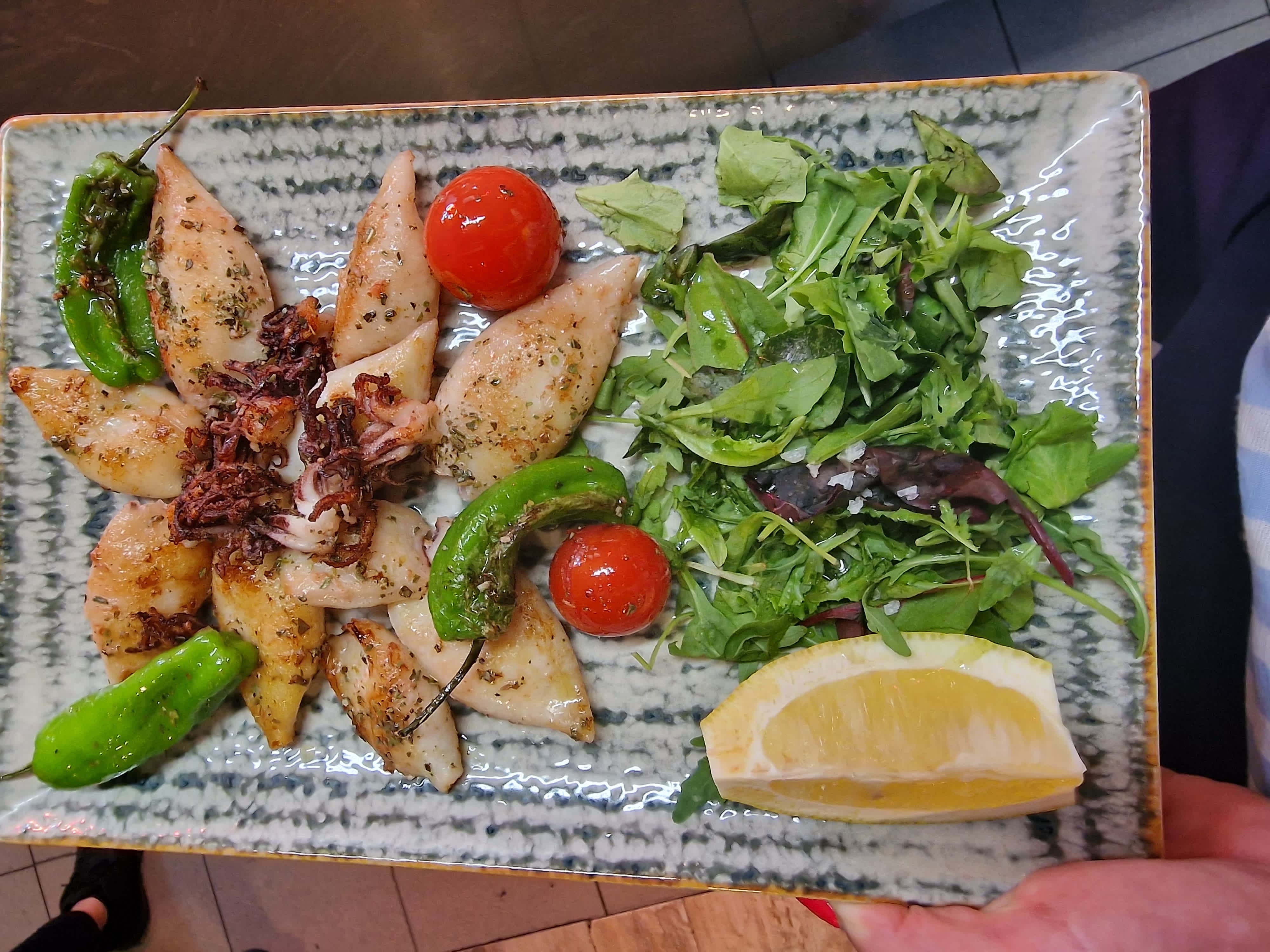 Grilled Squids and peppers Padron - Mr Val by Il Calcio | Diverse Cuisine Delivery in Monaco, Cap-d'Ail & Beausoleil
