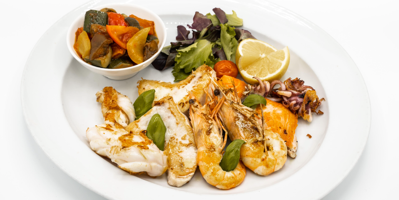 Mixed grilled fish & ratatouille (prawns, squid, salmon, swordfish)