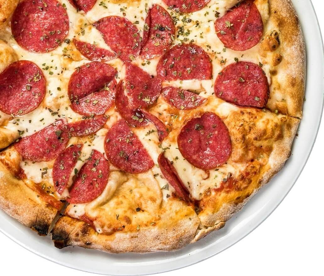 Pizza with spicy salami - Bubble Bar Monaco — breakfast, burgers, pizza & pelmeni delivery