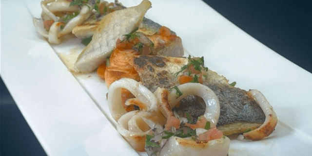 Sea Mix grilled with vegetable fricassee - Huit et Demi Food Delivery | Gourmet Italian & French Cuisine in Monaco